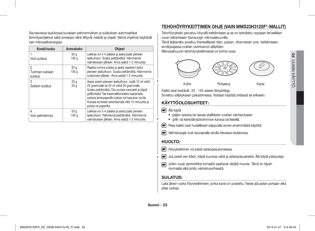 Samsung MS23H3125FK/EE manual Tehohöyrykeittimen Ohje Vain MMS23H3125F*-MALLIT, Käyttöolosuhteet, Huolto, Sulatus 