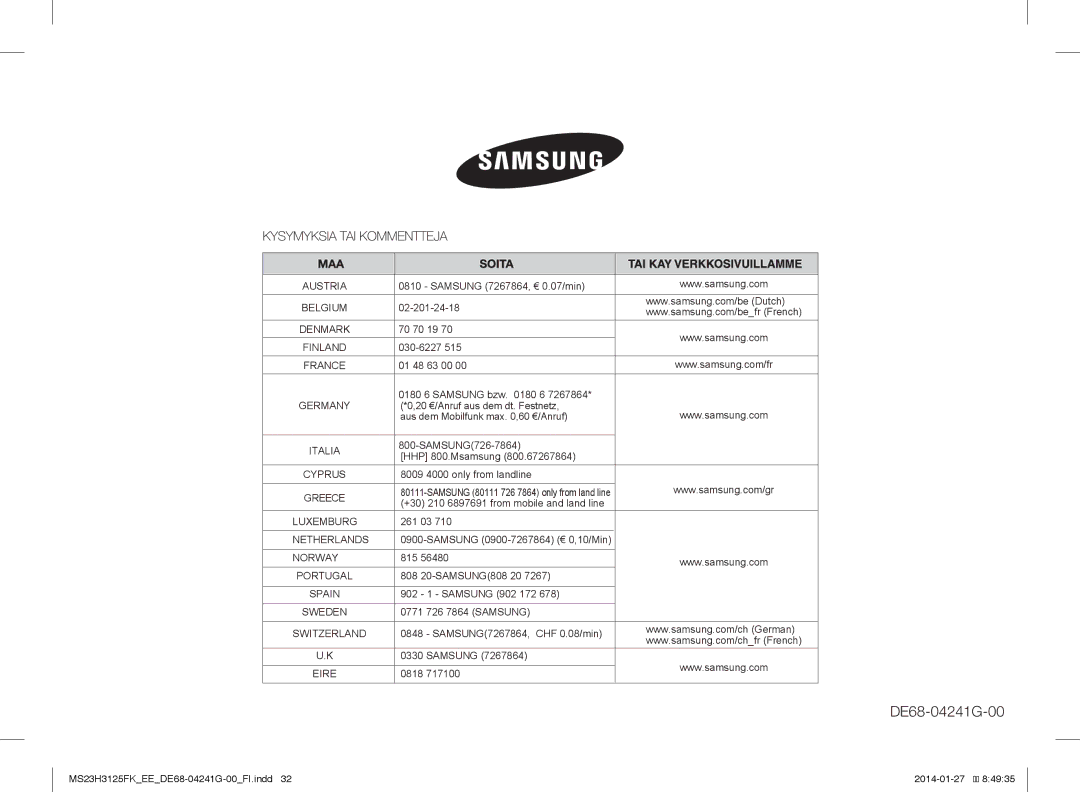 Samsung MS23H3125FK/EE manual DE68-04241G-00 