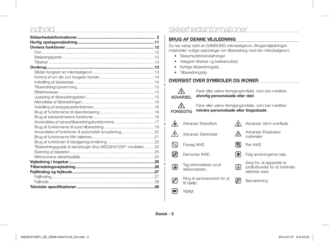 Samsung MS23H3125FK/EE manual Sikkerhedsinformationer, Brug AF Denne Vejledning, Oversigt Over Symboler OG Ikoner, Dansk 