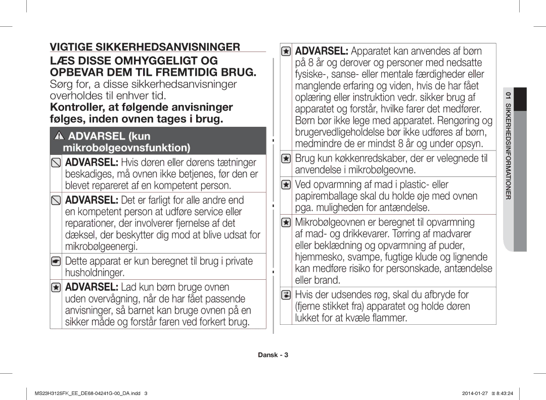 Samsung MS23H3125FK/EE manual Vigtige Sikkerhedsanvisninger 