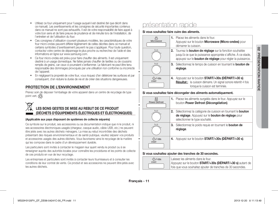 Samsung MS23H3125FK/EF manual Présentation rapide, Protection DE L’ENVIRONNEMENT 