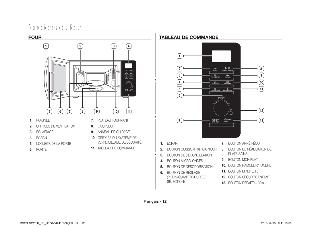 Samsung MS23H3125FK/EF manual Fonctions du four, Four Tableau DE Commande, Bouton DÉPART/+ 30 s 