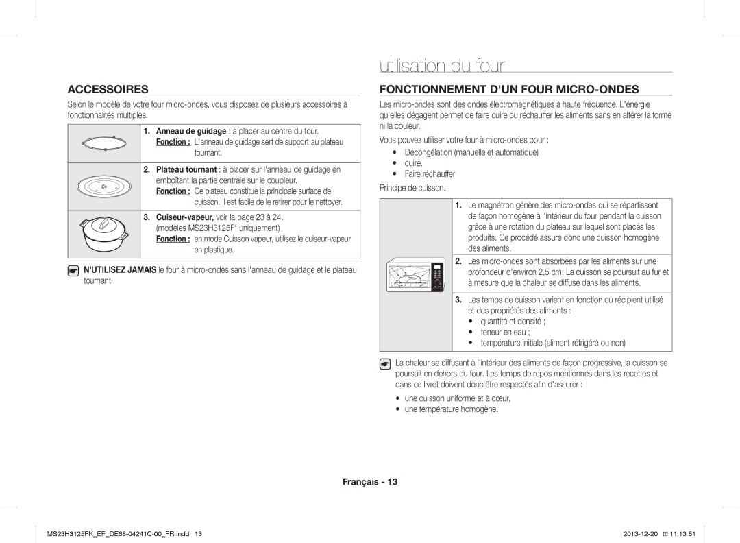 Samsung MS23H3125FK/EF manual Utilisation du four, Accessoires, Fonctionnement DUN Four MICRO-ONDES 