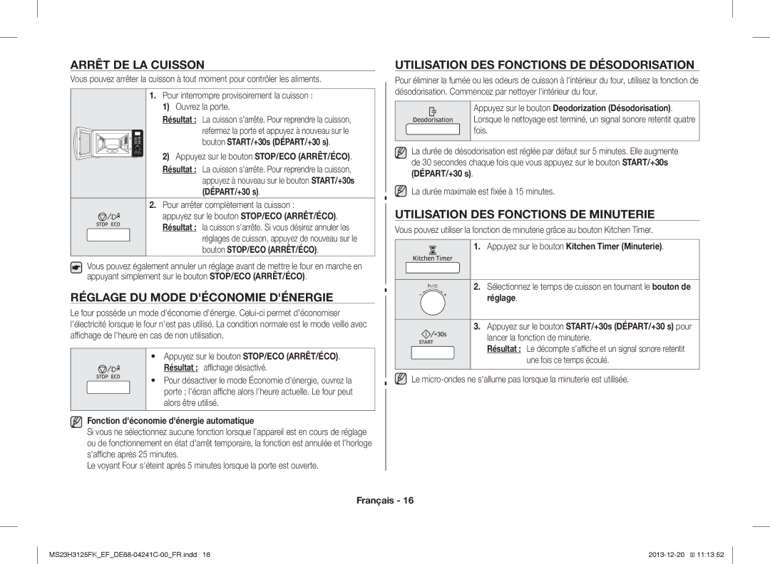 Samsung MS23H3125FK/EF Arrêt DE LA Cuisson, Réglage DU Mode Déconomie Dénergie, Utilisation DES Fonctions DE Minuterie 