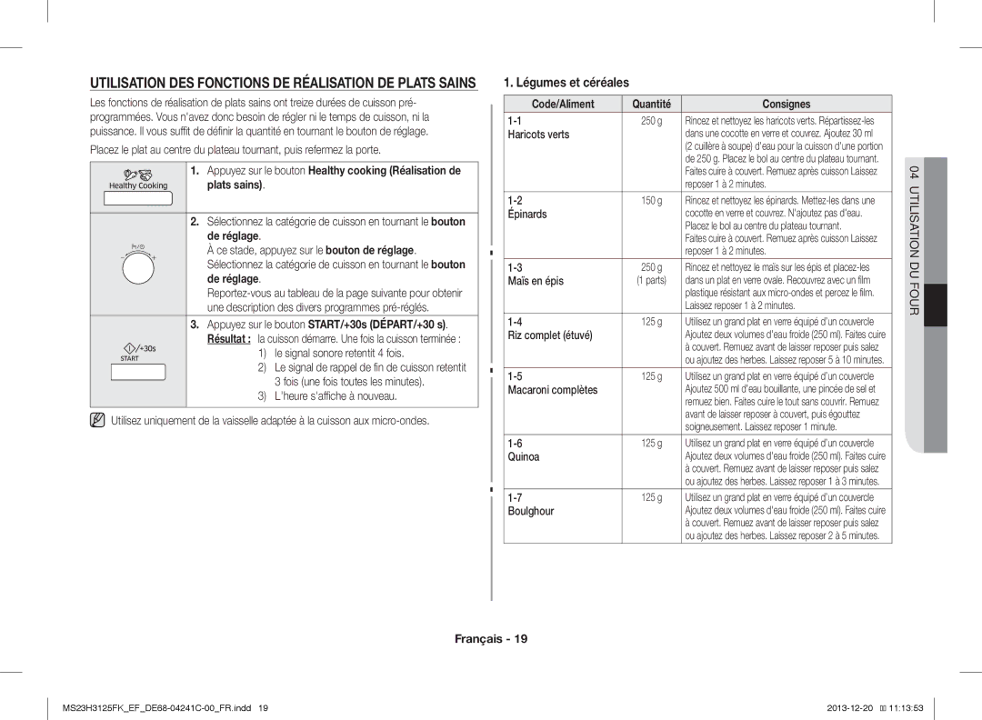 Samsung MS23H3125FK/EF manual Utilisation DES Fonctions DE Réalisation DE Plats Sains, Code/Aliment, Consignes 