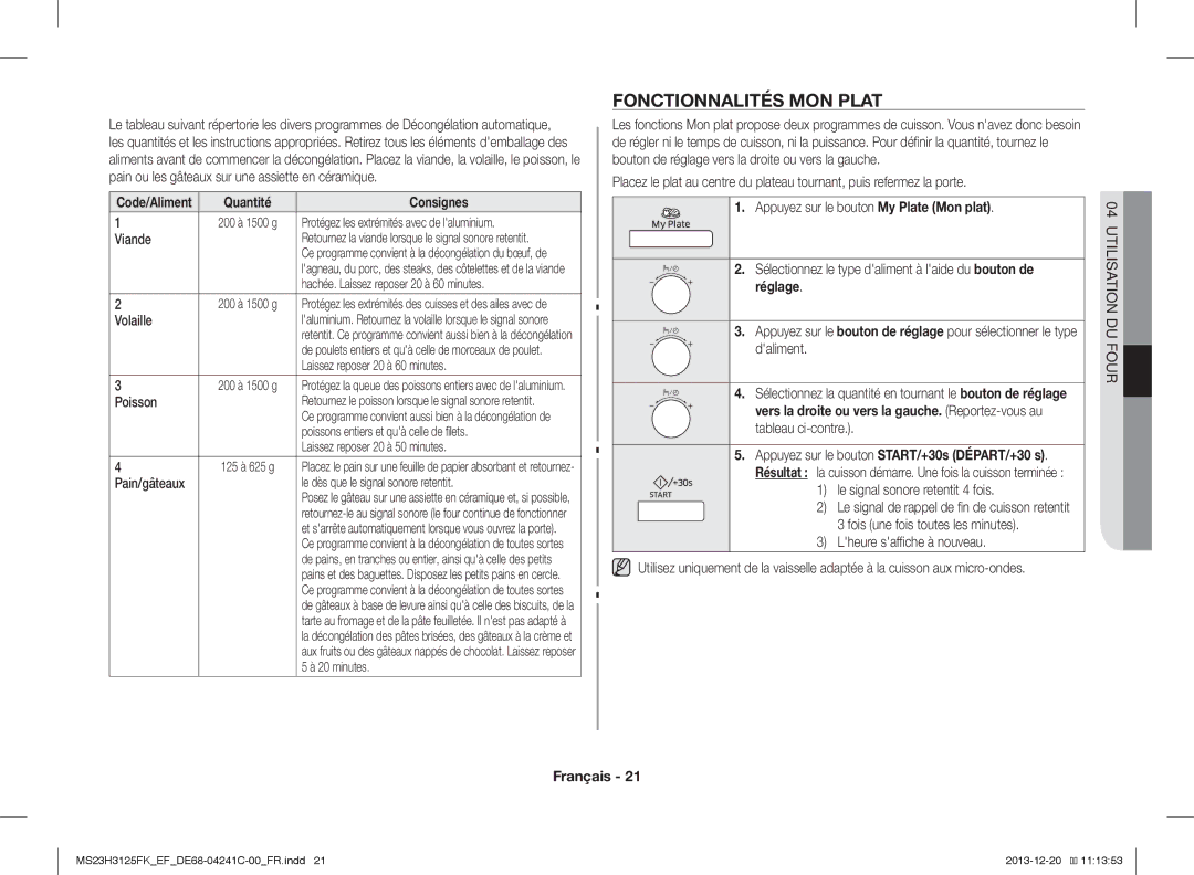 Samsung MS23H3125FK/EF manual Fonctionnalités MON Plat, Viande, Volaille, Poisson, Pain/gâteaux 