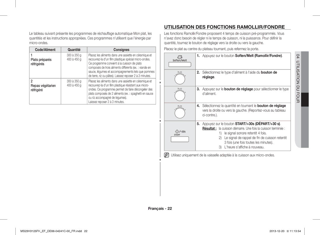 Samsung MS23H3125FK/EF manual Utilisation DES Fonctions RAMOLLIR/FONDRE, Quantité Consignes 