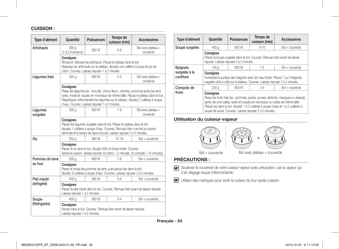 Samsung MS23H3125FK/EF manual Cuisson, Précautions 