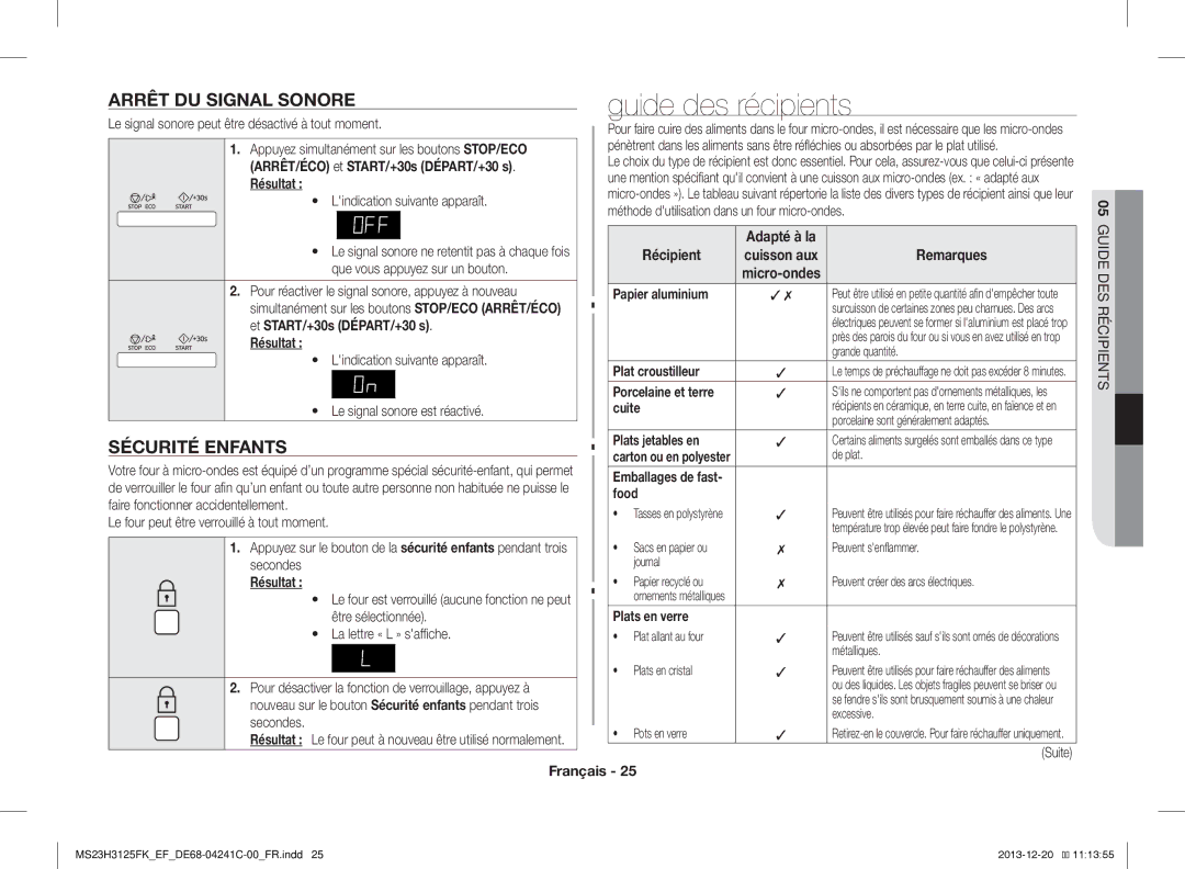 Samsung MS23H3125FK/EF manual Guide des récipients, Arrêt DU Signal Sonore, Sécurité Enfants 