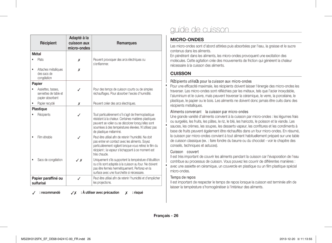 Samsung MS23H3125FK/EF manual Guide de cuisson, Micro-Ondes 