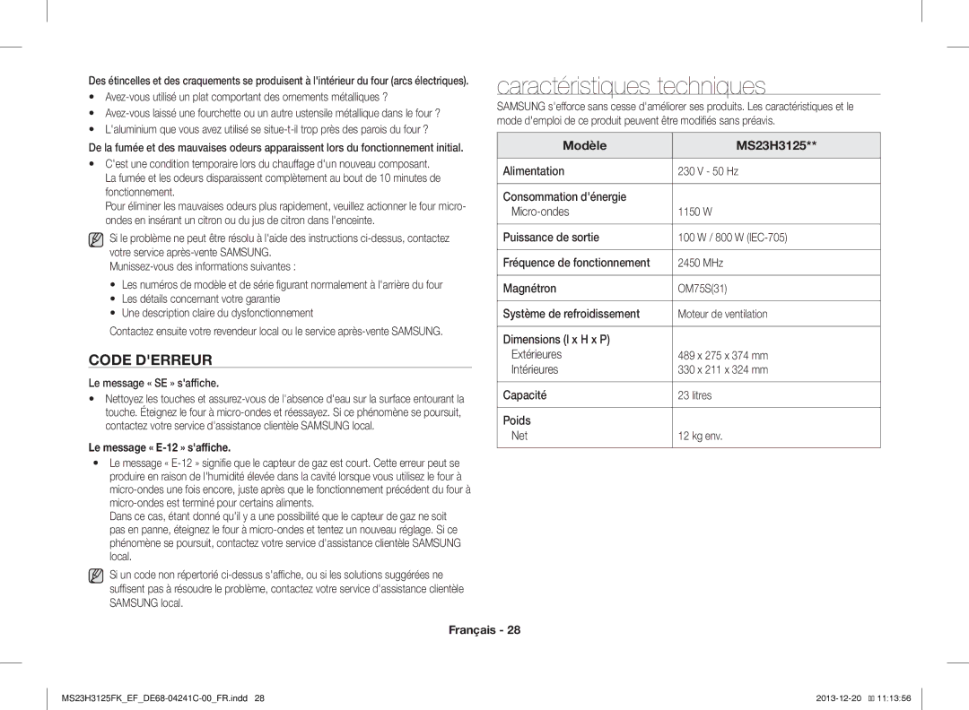 Samsung MS23H3125FK/EF Caractéristiques techniques, Code Derreur, Le message « SE » saffiche, Le message « E-12 » saffiche 