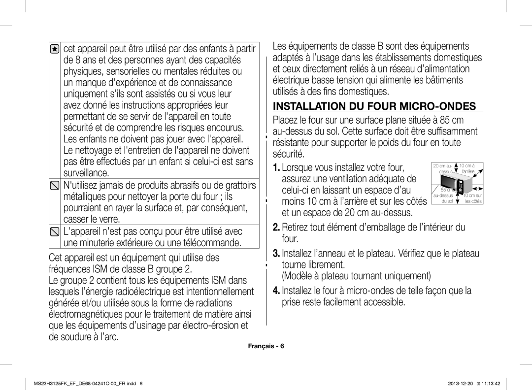 Samsung MS23H3125FK/EF manual Installation DU Four MICRO-ONDES 