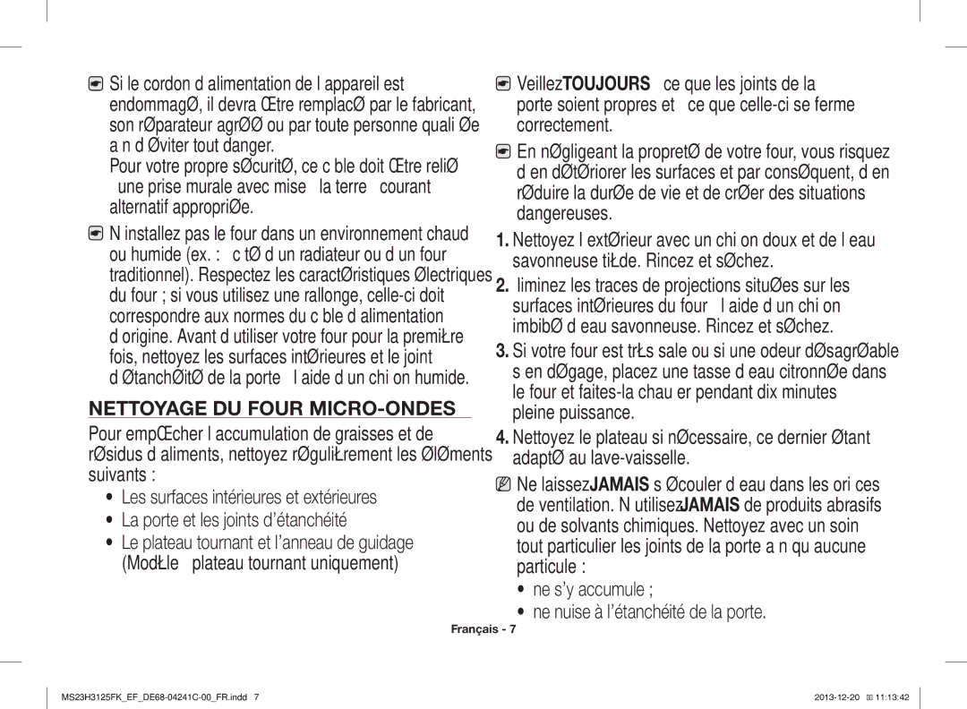 Samsung MS23H3125FK/EF manual Nettoyage DU Four MICRO-ONDES 