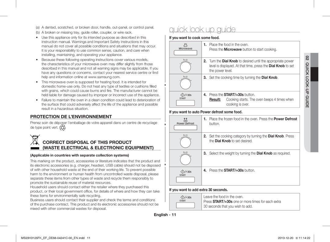 Samsung MS23H3125FK/EF, MS23H3125FK/EG manual Quick look up guide, Protection DE L’ENVIRONNEMENT 