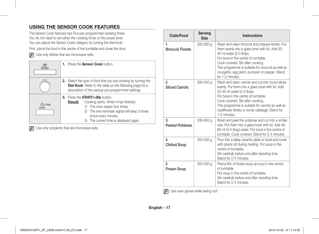 Samsung MS23H3125FK/EF, MS23H3125FK/EG manual Using the Sensor Cook Features, Code/Food 