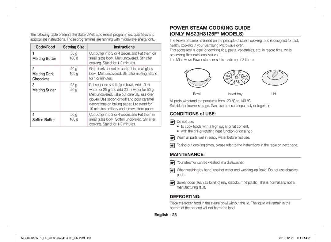 Samsung MS23H3125FK/EF manual Power Steam Cooking Guide only MS23H3125F* Models, Conditions of USE, Maintenance, Defrosting 