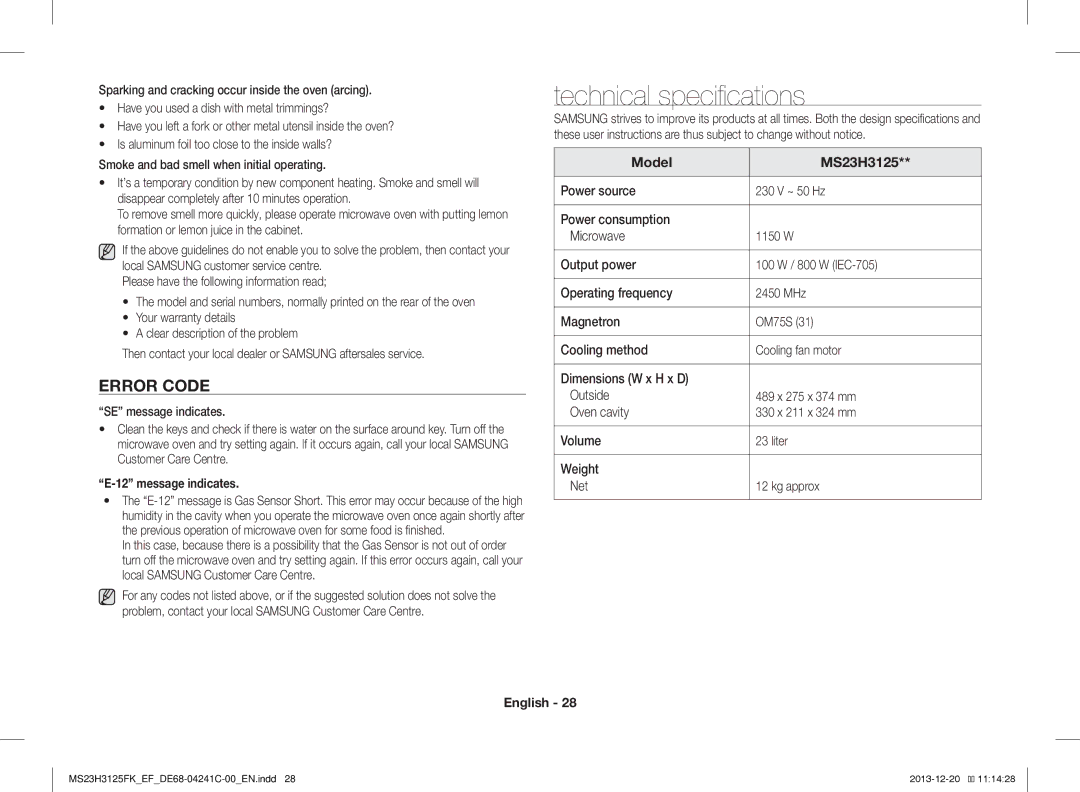 Samsung MS23H3125FK/EG, MS23H3125FK/EF manual Technical specifications, Error Code, Message indicates, Model MS23H3125 