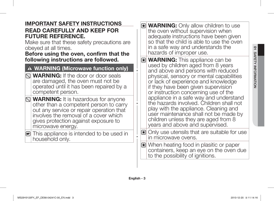 Samsung MS23H3125FK/EF, MS23H3125FK/EG manual Read Carefully and Keep for Future Reference 