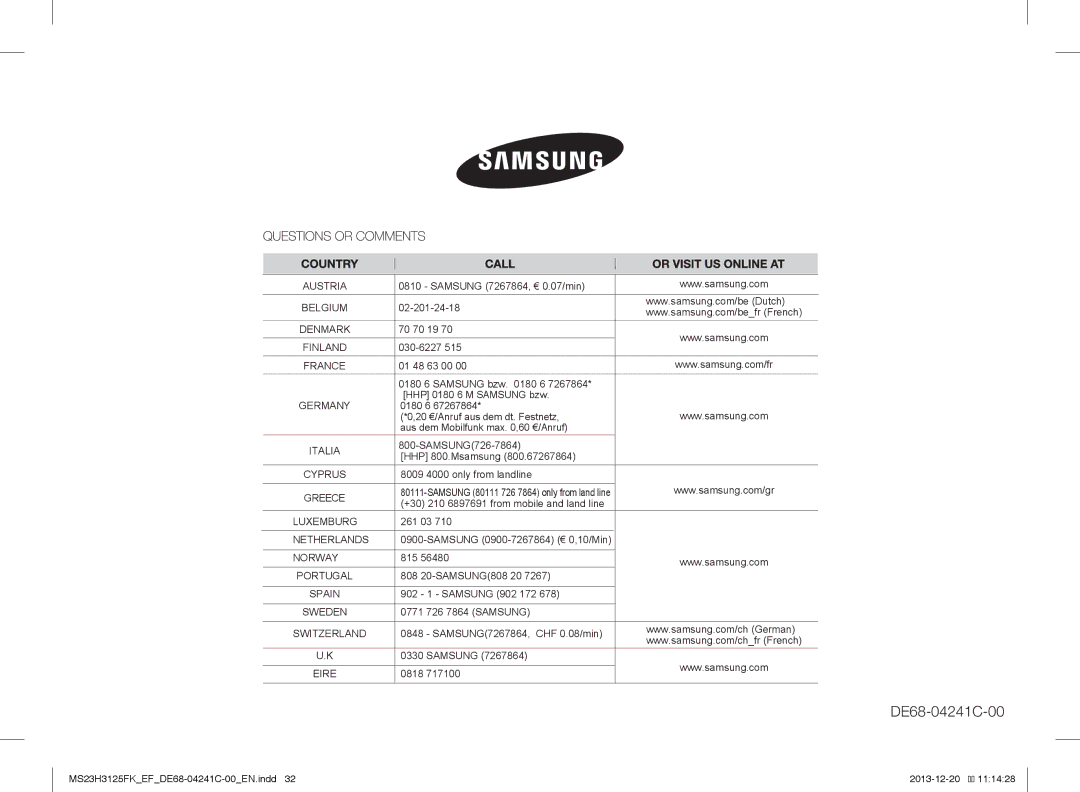 Samsung MS23H3125FK/EG, MS23H3125FK/EF manual DE68-04241C-00 