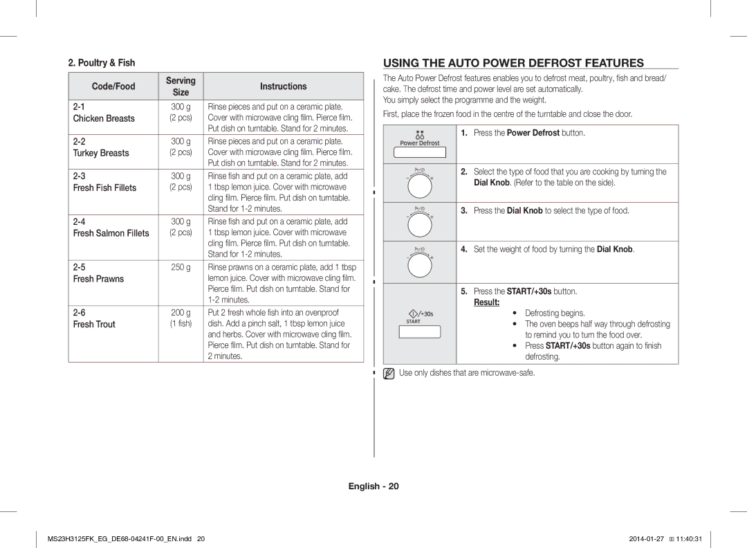 Samsung MS23H3125FK/EG manual Using the Auto Power Defrost Features, Poultry & Fish, Press the Power Defrost button, Result 