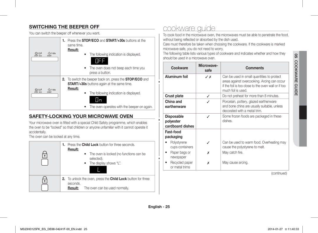 Samsung MS23H3125FK/EG manual Cookware guide, Switching the Beeper OFF, SAFETY-LOCKING Your Microwave Oven 