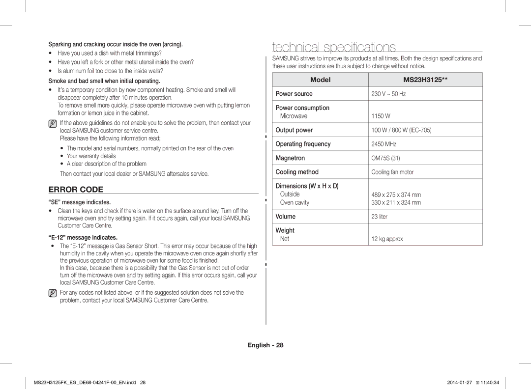 Samsung MS23H3125FK/EG manual Technical specifications, Error Code, Message indicates, Model MS23H3125 