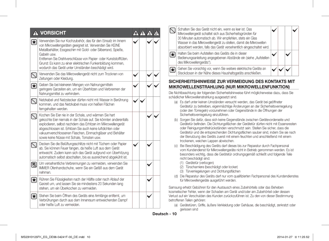 Samsung MS23H3125FW/EG manual Vorsicht 