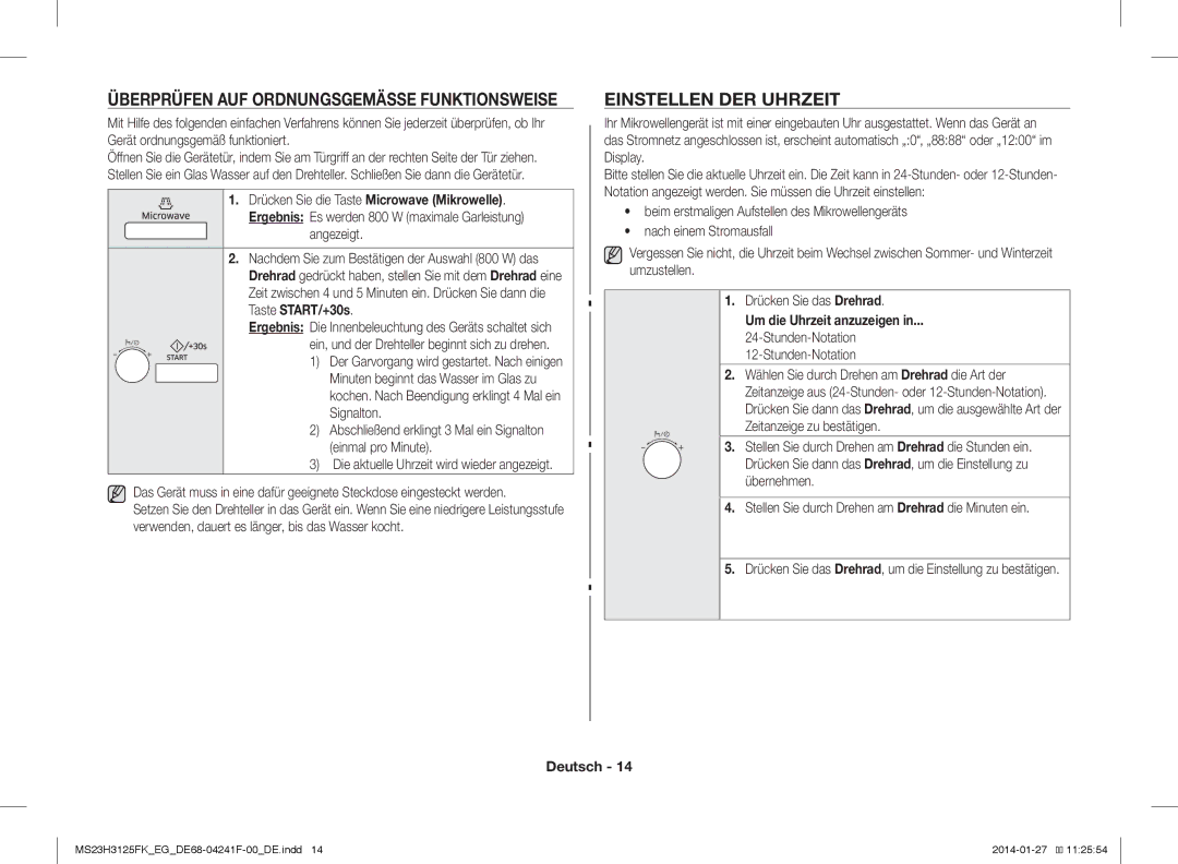 Samsung MS23H3125FW/EG manual Einstellen DER Uhrzeit, Überprüfen AUF Ordnungsgemässe Funktionsweise, Taste START/+30s 