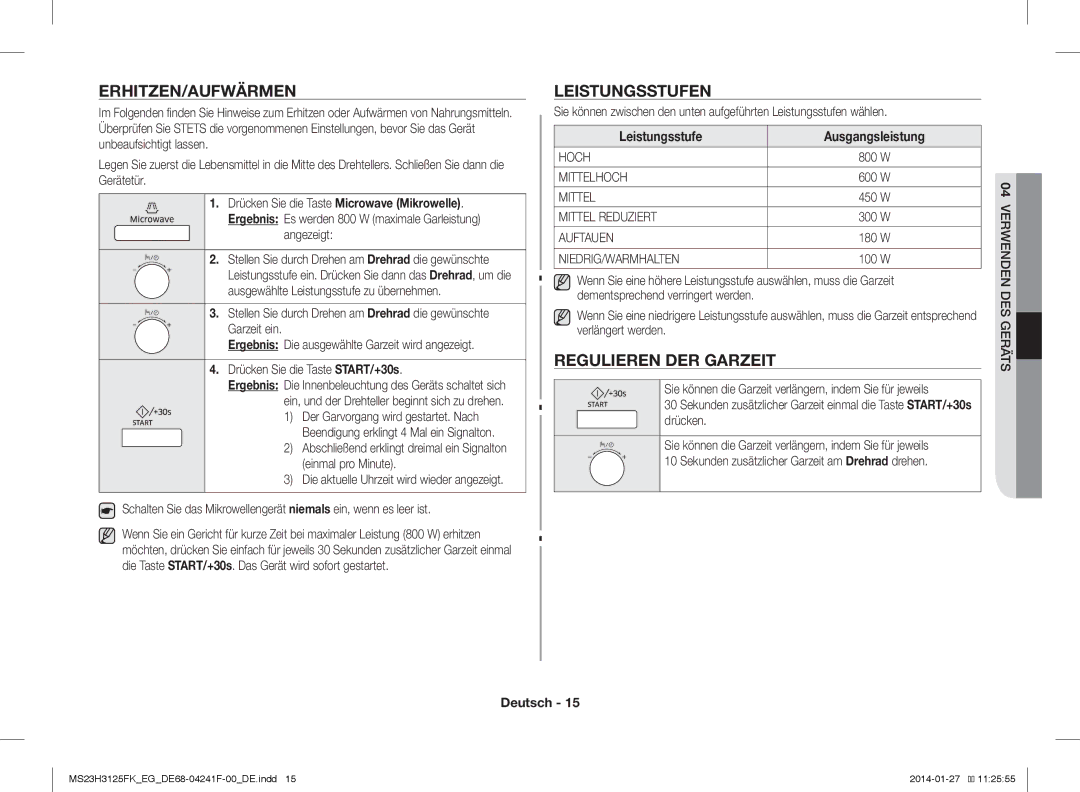 Samsung MS23H3125FW/EG manual Erhitzen/Aufwärmen, Leistungsstufen, Regulieren DER Garzeit, Leistungsstufe Ausgangsleistung 