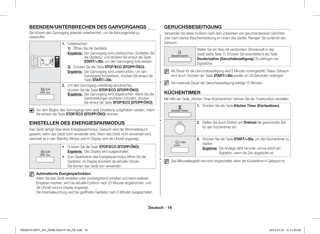 Samsung MS23H3125FW/EG manual BEENDEN/UNTERBRECHEN DES Garvorgangs, Einstellen DES Energiesparmodus, Geruchsbeseitigung 