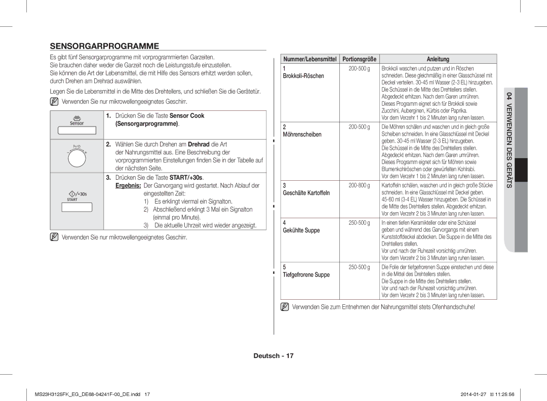 Samsung MS23H3125FW/EG manual Sensorgarprogramme, Anleitung 