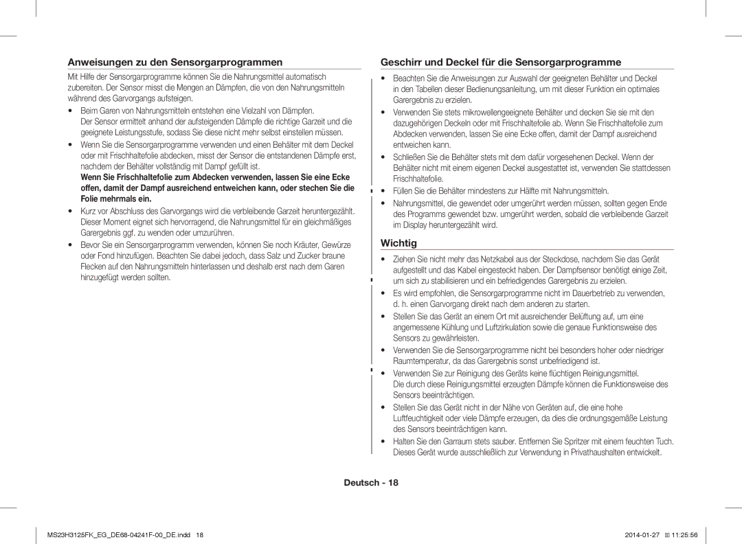 Samsung MS23H3125FW/EG manual Anweisungen zu den Sensorgarprogrammen 