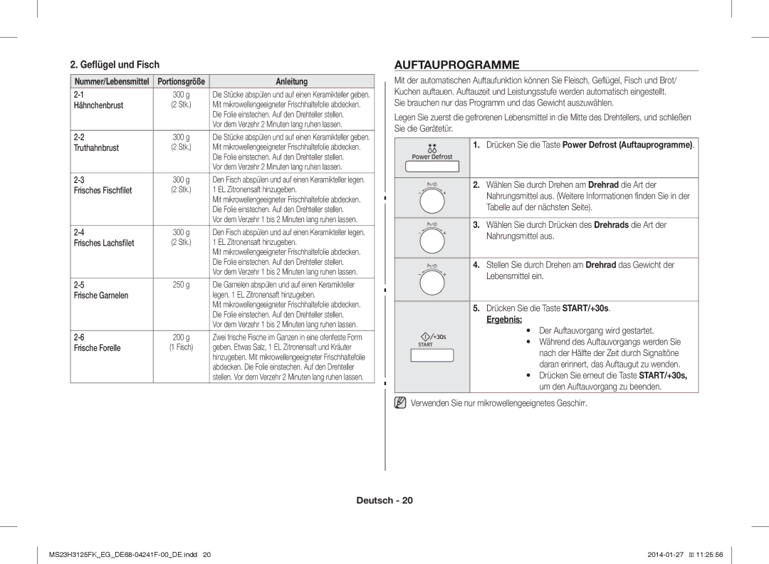 Samsung MS23H3125FW/EG manual Drücken Sie die Taste Power Defrost Auftauprogramme, Ergebnis 