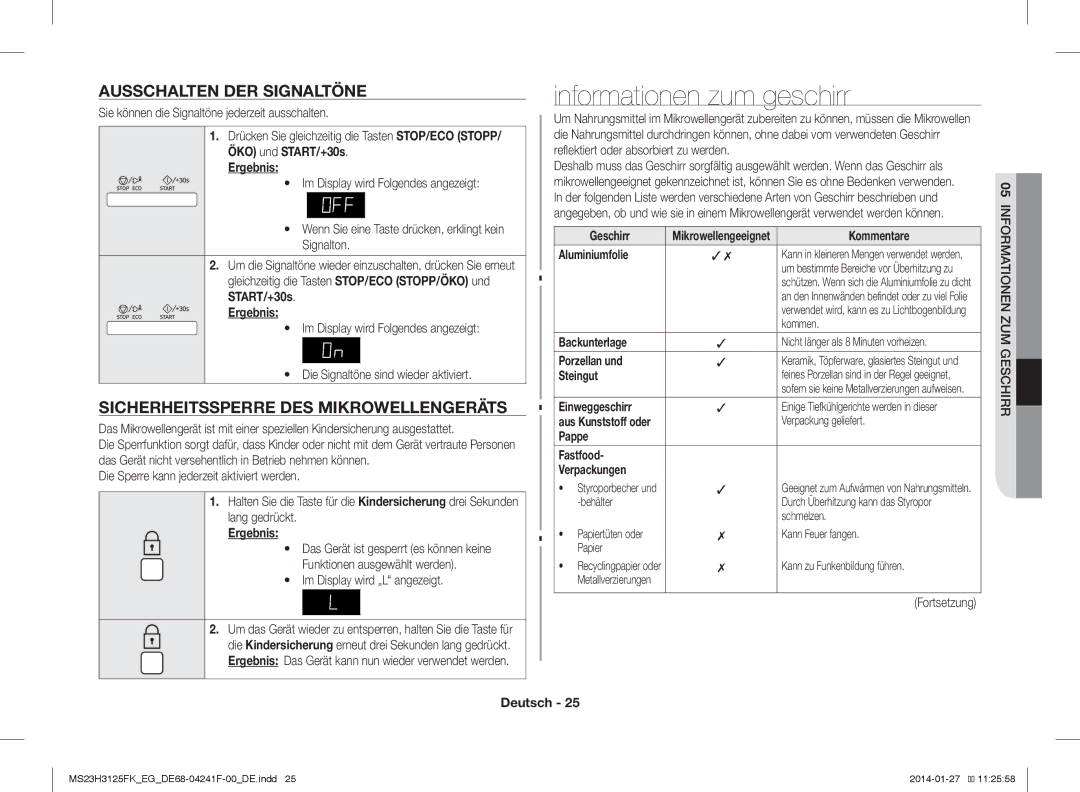 Samsung MS23H3125FW/EG Informationen zum geschirr, Ausschalten DER Signaltöne, Sicherheitssperre DES Mikrowellengeräts 