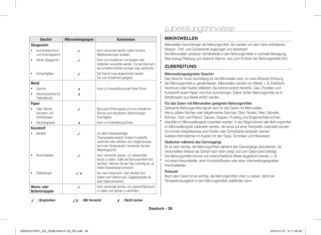 Samsung MS23H3125FW/EG manual Zubereitungshinweise, Mikrowellen 