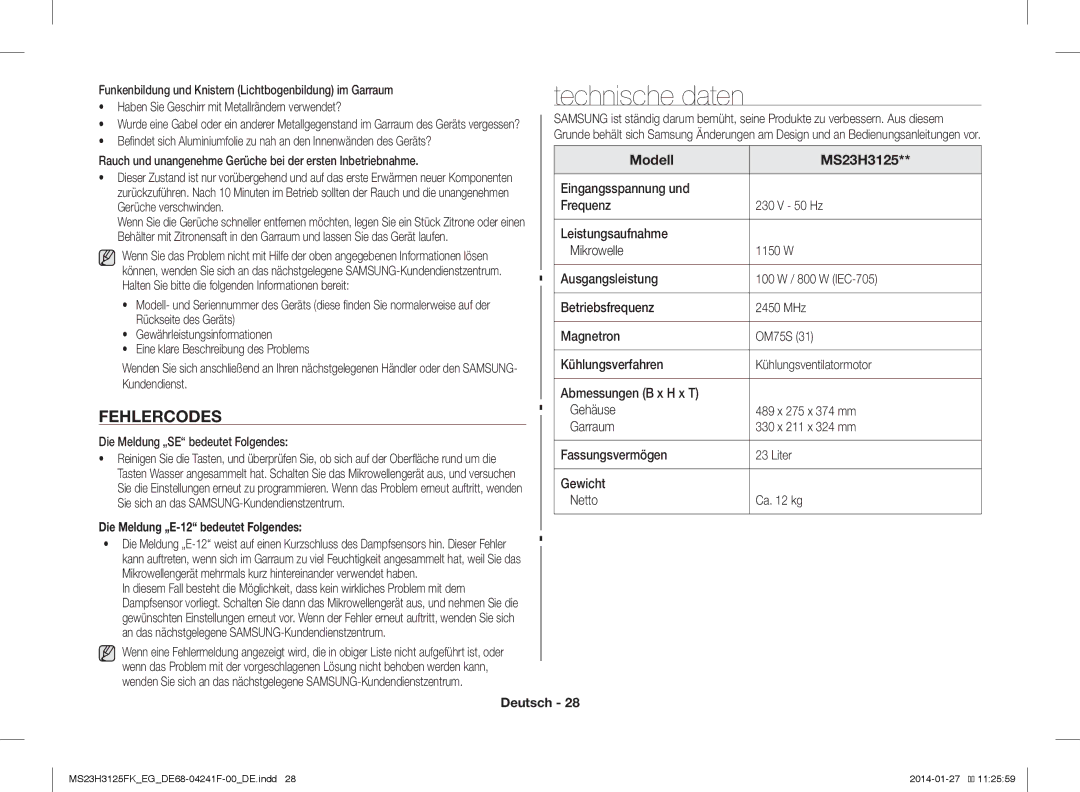 Samsung MS23H3125FW/EG manual Technische daten, Fehlercodes, Die Meldung „SE bedeutet Folgendes, Modell MS23H3125 