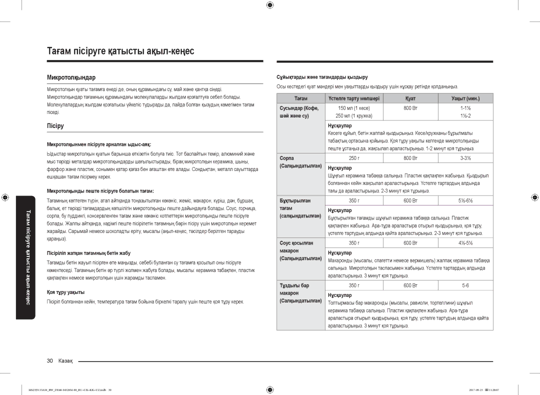 Samsung MS23J5133AM/BW manual Тағам пісіруге қатысты ақыл-кеңес, Микротолқындар, Пісіру 