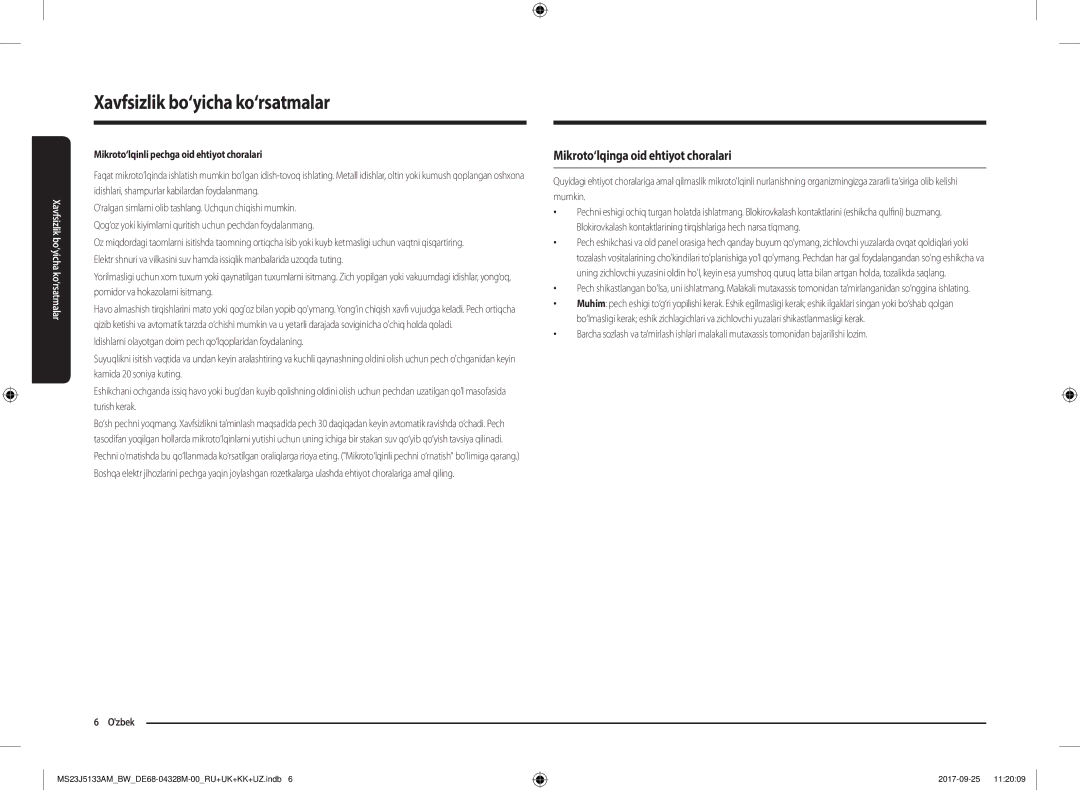 Samsung MS23J5133AM/BW manual Mikroto‘lqinga oid ehtiyot choralari, Mikroto‘lqinli pechga oid ehtiyot choralari 