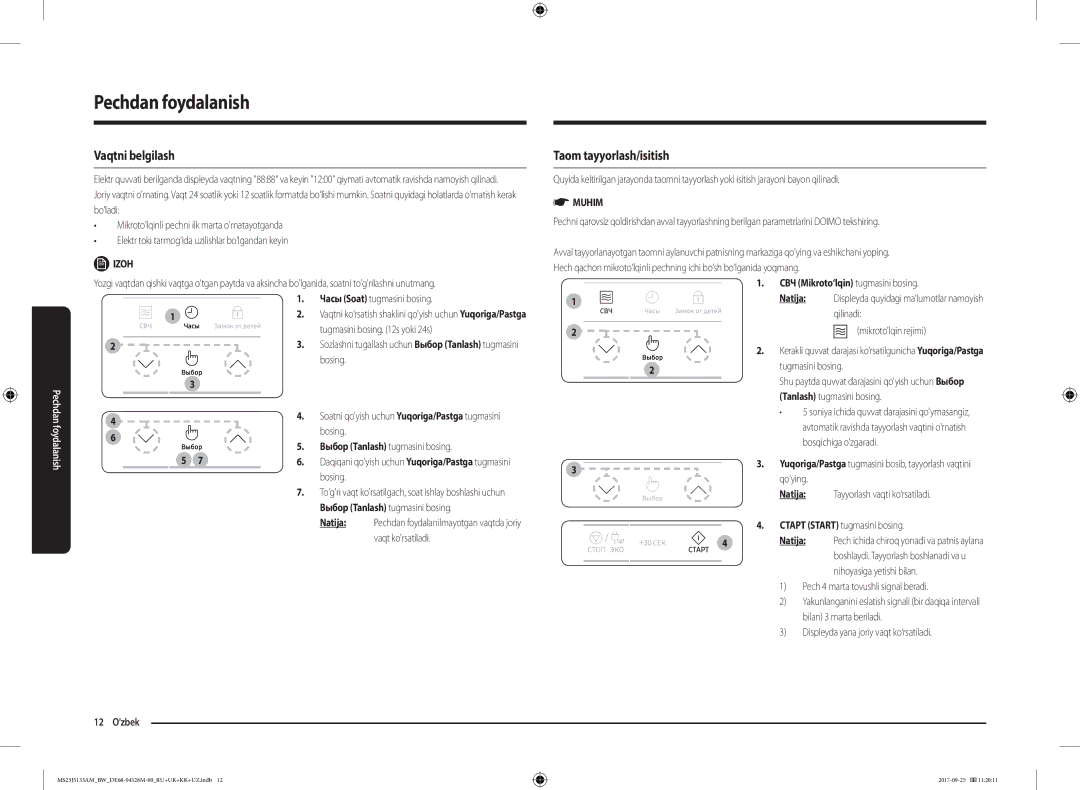 Samsung MS23J5133AM/BW manual Vaqtni belgilash, Taom tayyorlash/isitish 