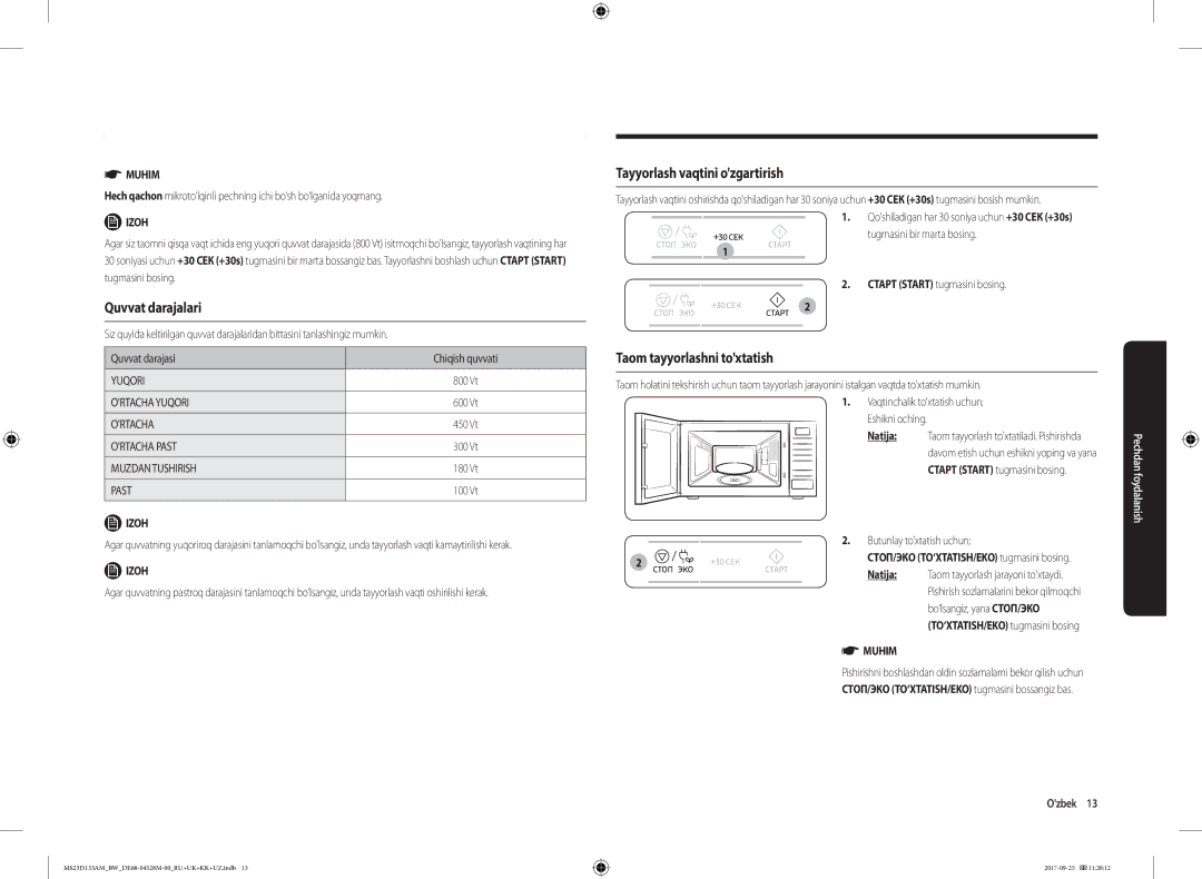 Samsung MS23J5133AM/BW manual Quvvat darajalari, Tayyorlash vaqtini ozgartirish, Taom tayyorlashni toxtatish 