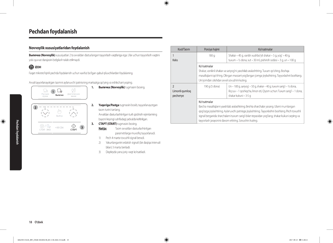 Samsung MS23J5133AM/BW manual Novvoylik xususiyatlaridan foydalanish, Taom turini tanlang 