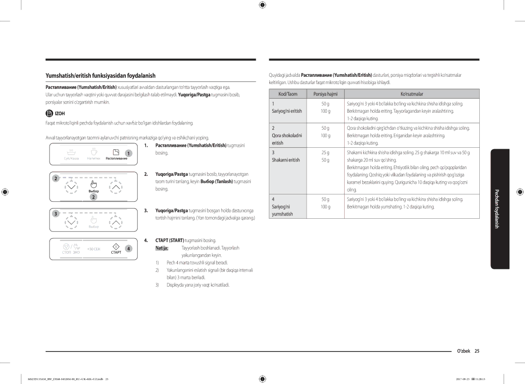 Samsung MS23J5133AM/BW manual Yumshatish/eritish funksiyasidan foydalanish 