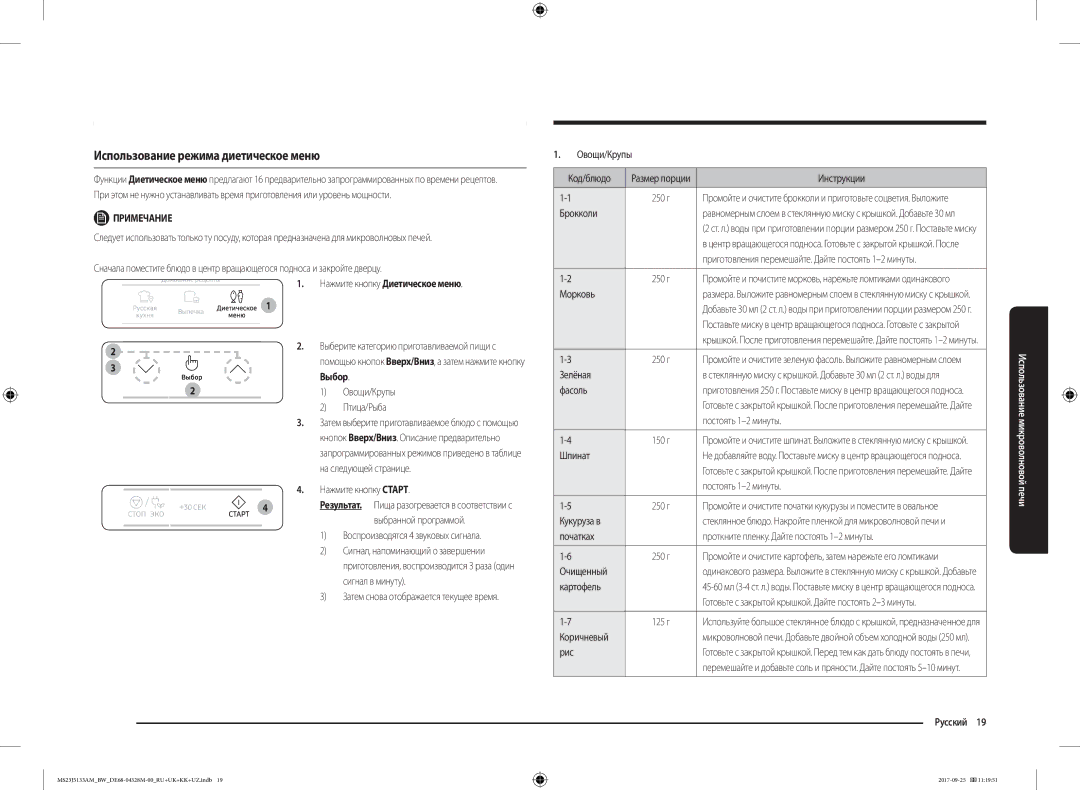 Samsung MS23J5133AM/BW manual Использование режима диетическое меню, Нажмите кнопку Диетическое меню 