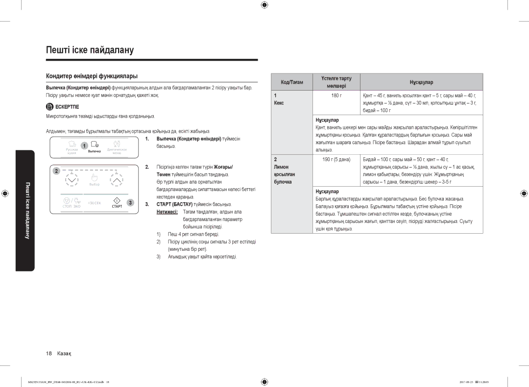 Samsung MS23J5133AM/BW manual Кондитер өнімдері функциялары 