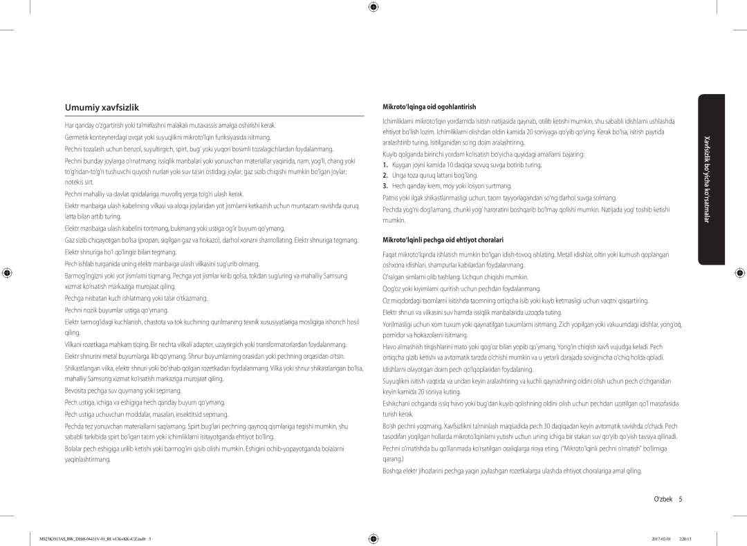 Samsung MS23K3513AS/BW manual Umumiy xavfsizlik, Bevosita pechga suv quymang yoki sepmang, Mikroto‘lqinga oid ogohlantirish 