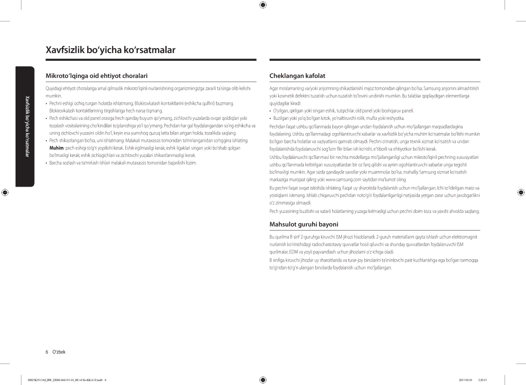 Samsung MS23K3513AK/BW, MS23K3513AW/BW Mikroto‘lqinga oid ehtiyot choralari, Cheklangan kafolat, Mahsulot guruhi bayoni 
