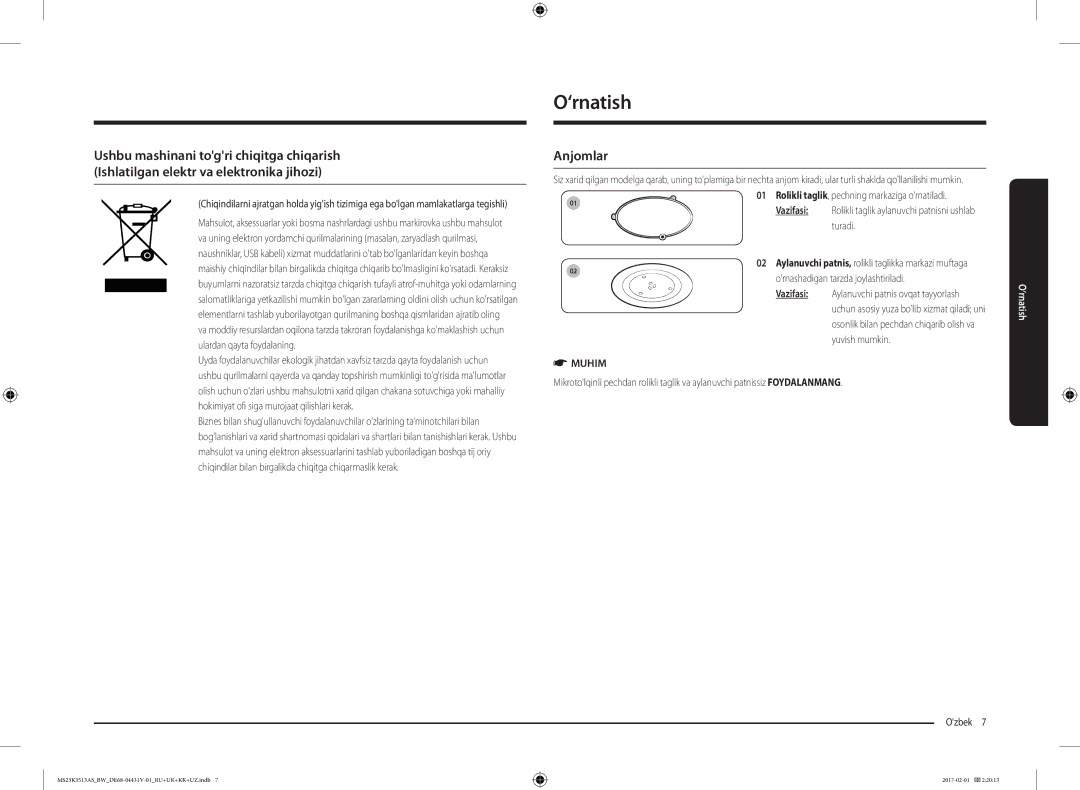 Samsung MS23K3513AW/BW manual ‘rnatish, Anjomlar, Vazifasi Rolikli taglik aylanuvchi patnisni ushlab turadi, Muhim 