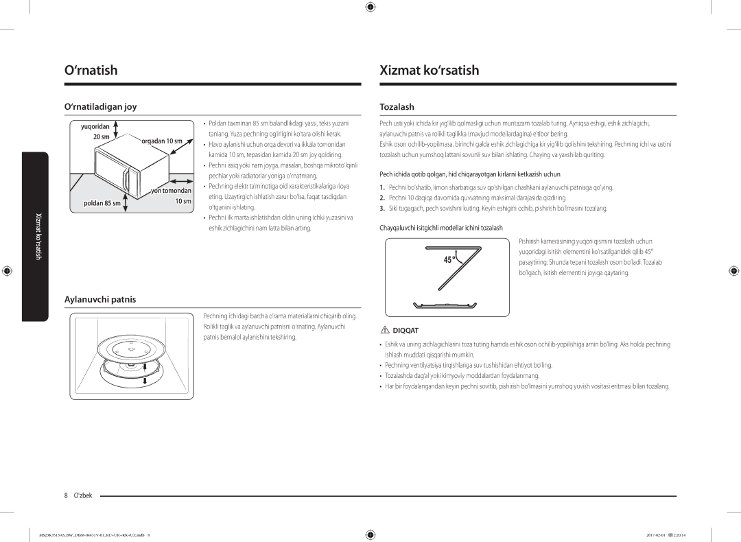 Samsung MS23K3513AS/BW, MS23K3513AK/BW manual ‘rnatishXizmat ko‘rsatish, ‘rnatiladigan joy, Tozalash, Aylanuvchi patnis 
