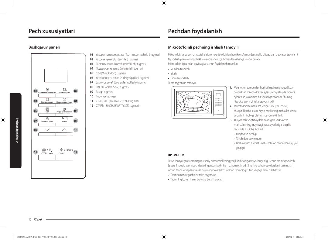 Samsung MS23K3513AW/BW, MS23K3513AK/BW manual Pechdanxususiyatlarifoyda nish, Pechdan foydalanish, Boshqaruv paneli 