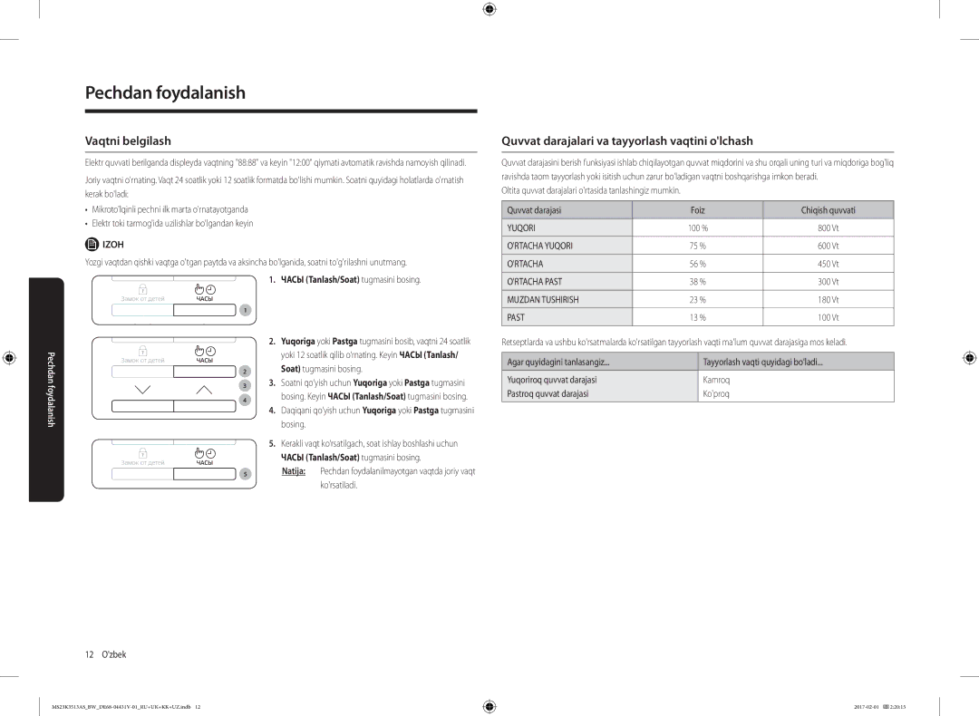 Samsung MS23K3513AK/BW manual Vaqtni belgilash, Quvvat darajalari va tayyorlash vaqtini olchash, Soat tugmasini bosing 